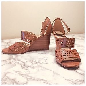 Tory Burch tan leather wedges with stacked heel